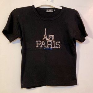 Black T-Shirt with Rhinestone Eiffel Tower and Paris France Wording